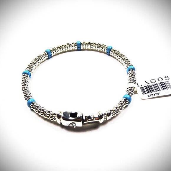 LAGOS Caviar Sterling Silver Ceramic Blue Stations Bangle Bracelet - Picture 6 of 12
